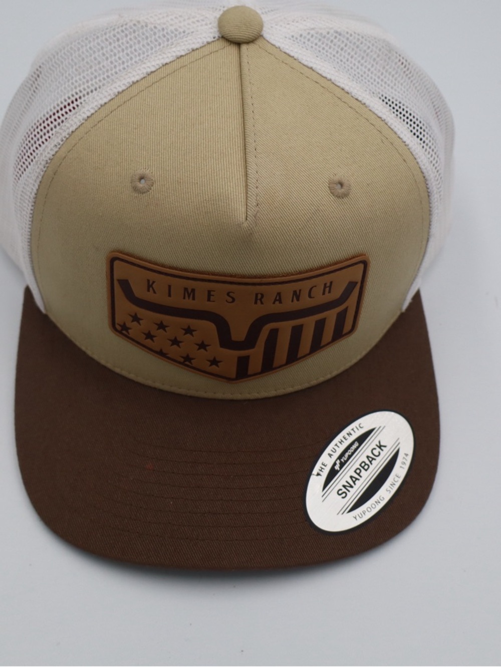 Kimes Ranch Khaki & Brown Leather Patch Trucker Cap